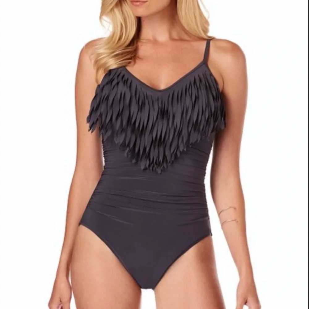 Magicsuit Blaire One-Piece‎ Swimsuit Sz 12 Gray Fringe Ruched Slimming Underwire